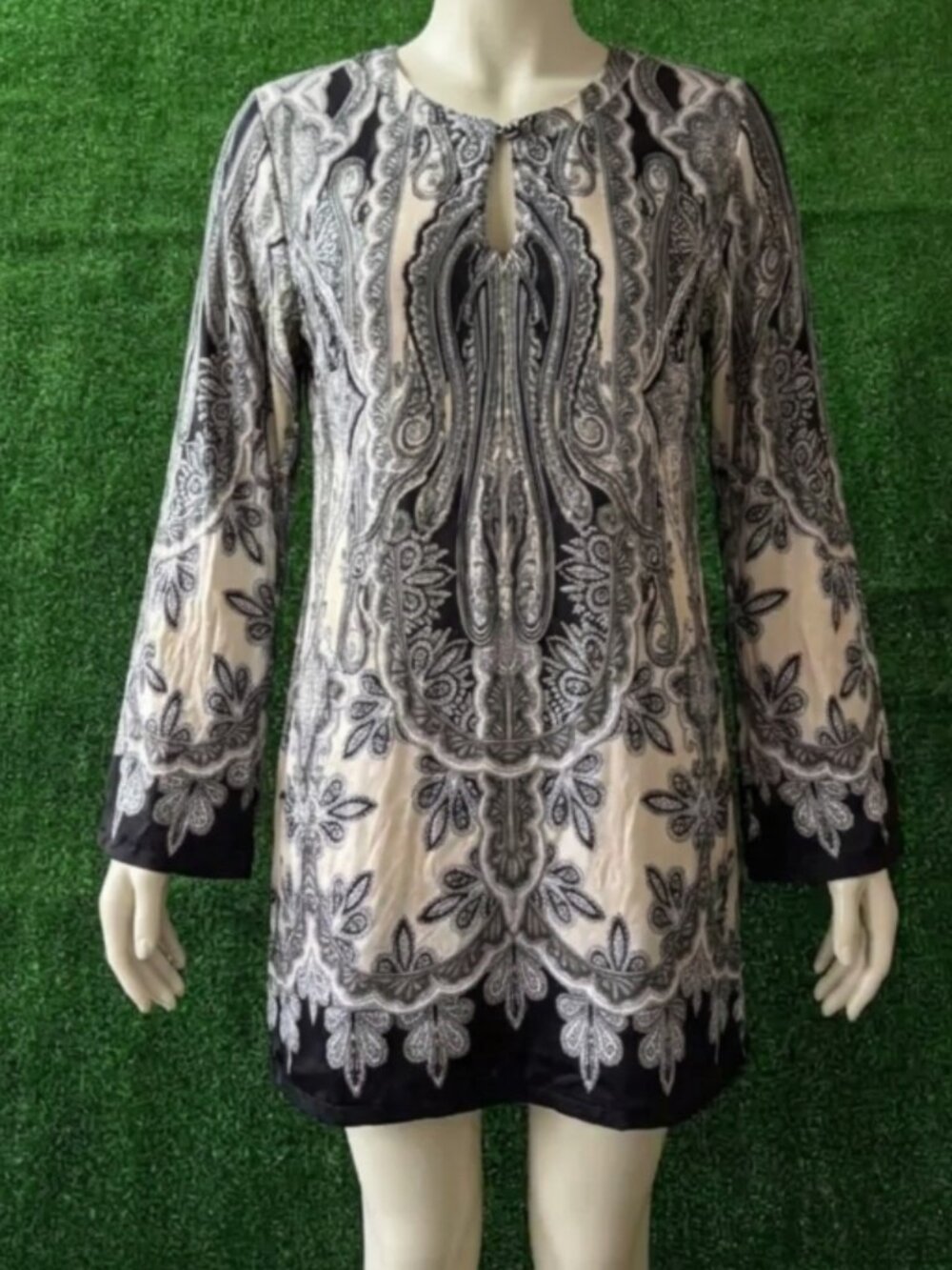 Linea Domani Dress Tunic Size L Black White Paisley Baroque Bell Sleeve Stretch